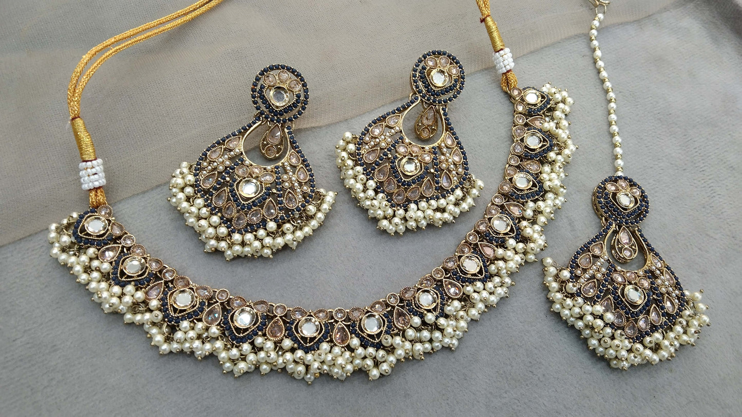 Antique Gold Navy Blue Necklace Set/ Dark Gold Indian Bridal Alaia Jewellery Online