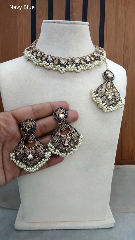 Antique Gold Navy Blue Necklace Set/ Dark Gold Indian Bridal Alaia Jewellery Online