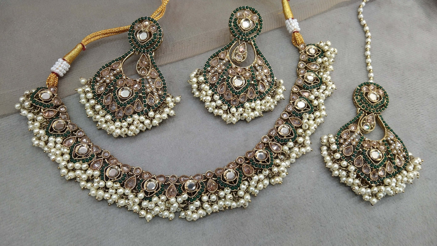 Antique Gold Green Necklace Set/ Dark Gold Indian Bridal Alaia Jewellery Online