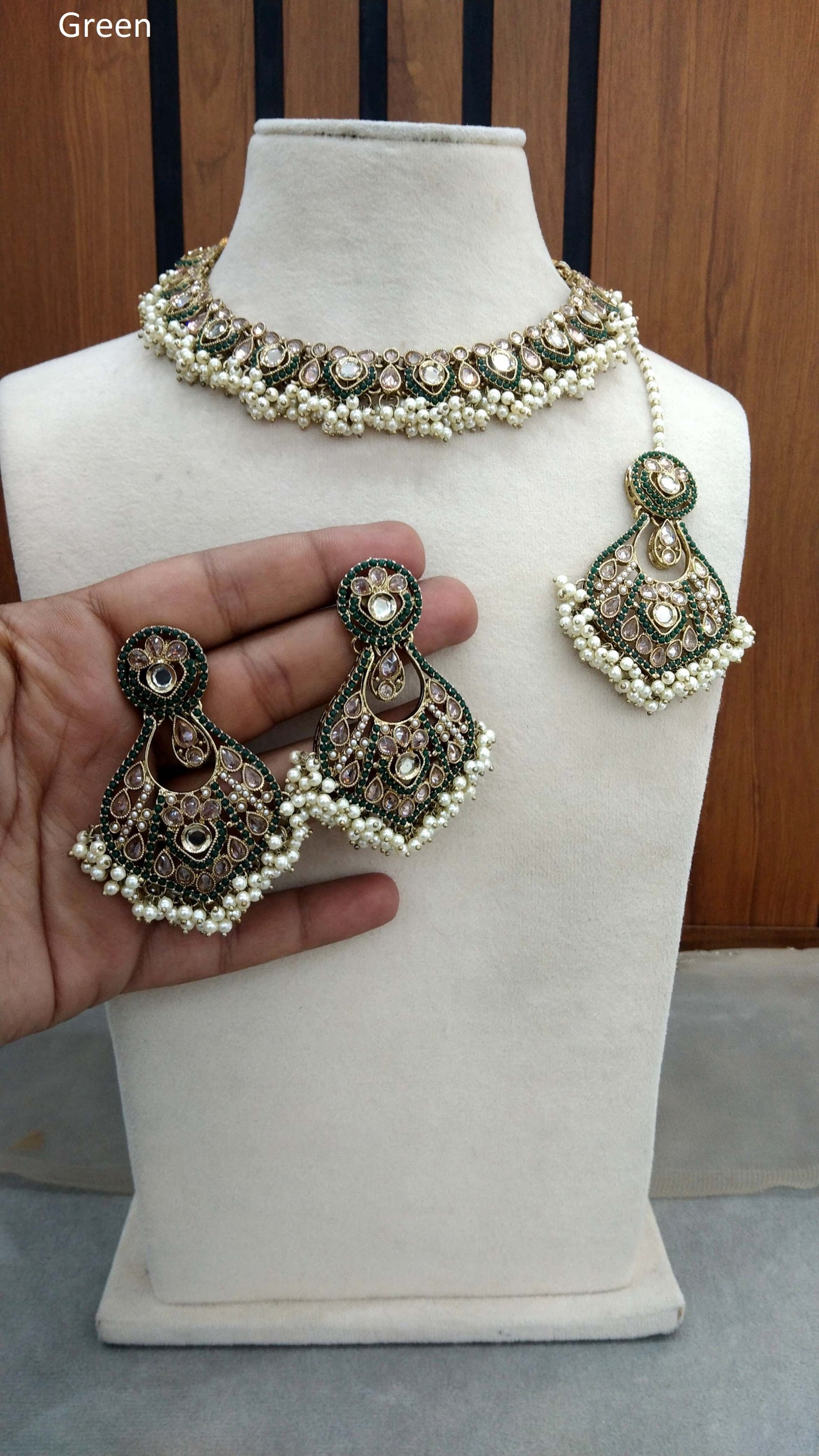 Antique Gold Green Necklace Set/ Dark Gold Indian Bridal Alaia Jewellery Online