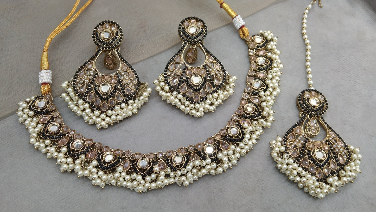 Antique Gold Black Necklace Set/ Dark Gold Indian Bridal Alaia Jewellery Online