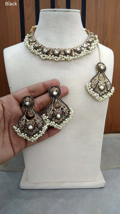 Antique Gold Black Necklace Set/ Dark Gold Indian Bridal Alaia Jewellery Online