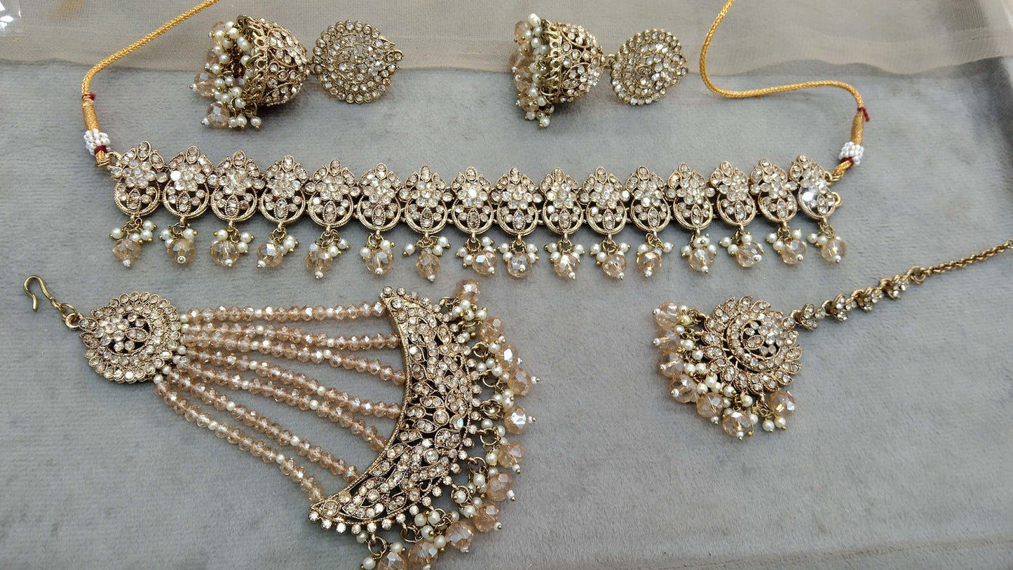 Choker Set / Antique Gold Choker Jewellery set with Jhumar /Indian Lily choker set