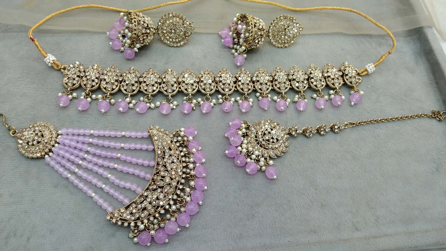 Choker Set / Lavender Choker Jewellery set with Jhumar /Indian Lily choker set