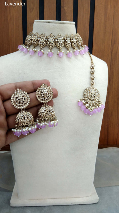 Choker Set / Lavender Choker Jewellery set with Jhumar /Indian Lily choker set