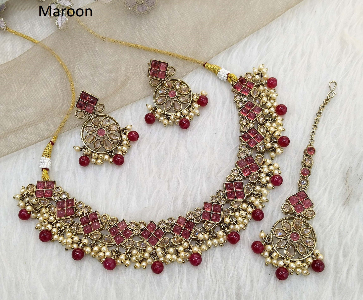 Indian  Jewellery Antique Gold Maroon  necklace Tikka Set/Gold tannu Bollywood  Set