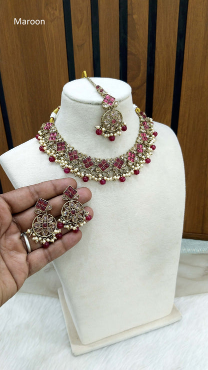 Indian  Jewellery Antique Gold Maroon  necklace Tikka Set/Gold tannu Bollywood  Set