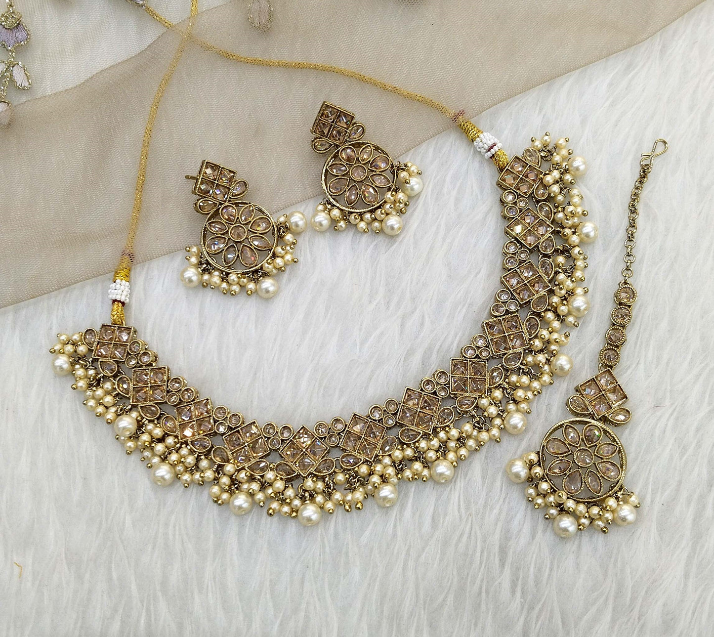 Indian  Jewellery Antique Gold necklace Tikka Set/Gold tannu Bollywood  Set