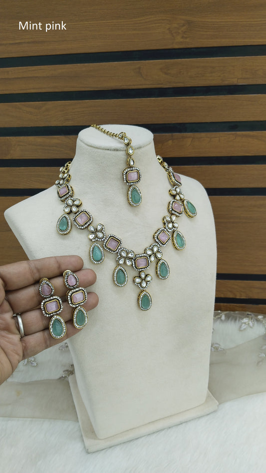 Indian Jewellery/Bridal Gold Mint Pink Kundan necklace Set Angel Jewellery