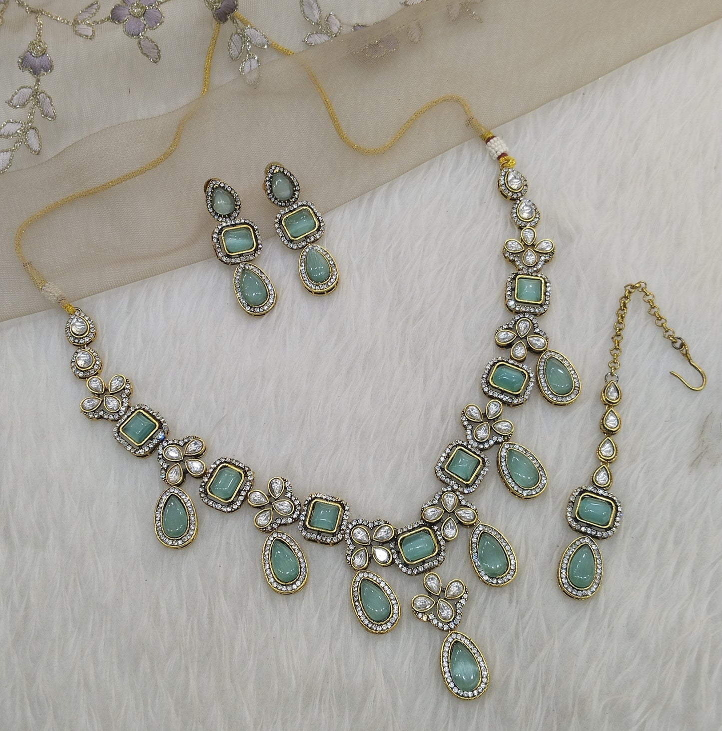 Indian Jewellery/Bridal Gold Seagreen Kundan necklace Set Angel Jewellery