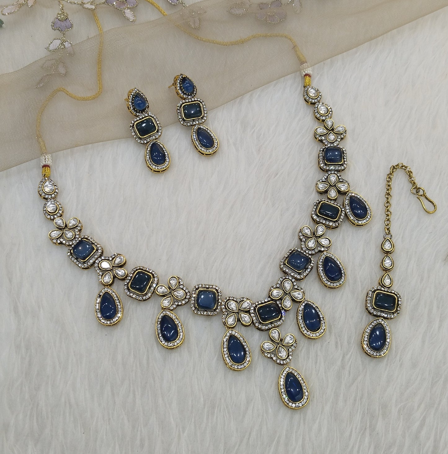 Indian Jewellery/Bridal Gold Navy Blue Kundan necklace Set Angel Jewellery