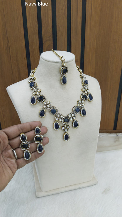 Indian Jewellery/Bridal Gold Navy Blue Kundan necklace Set Angel Jewellery