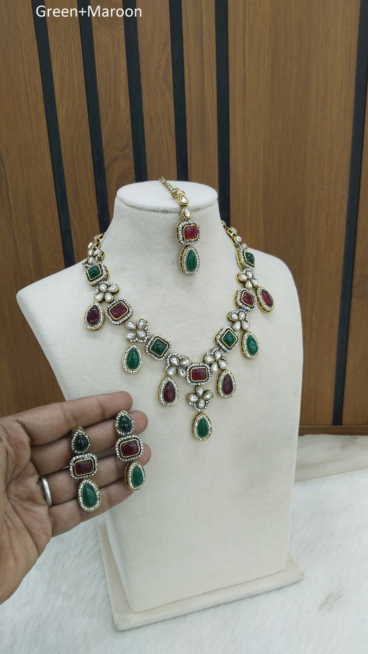 Indian Jewellery/Bridal Gold Maroon+Green Kundan necklace Set Angel Jewellery