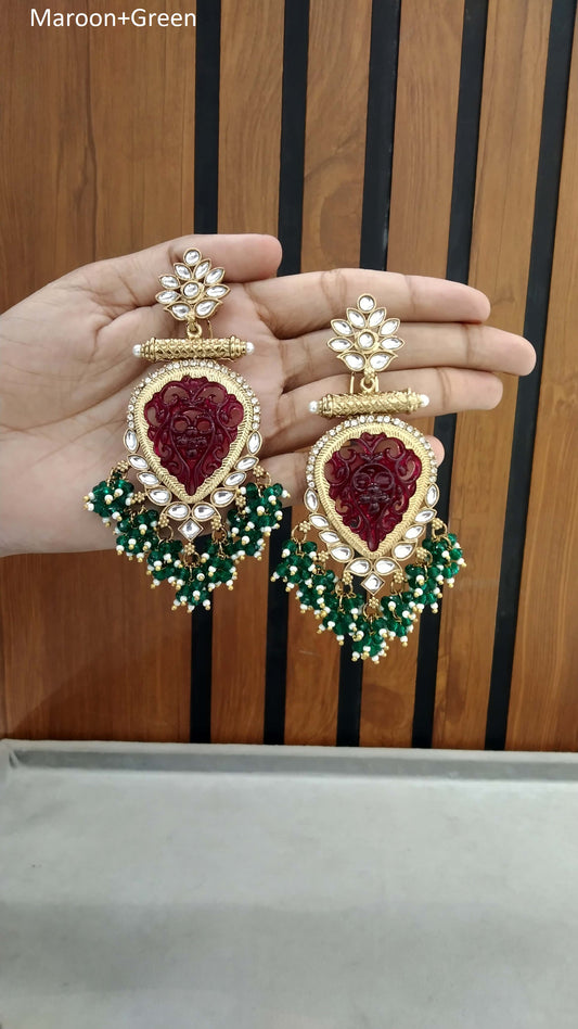 Indian Kundan Maroon+Green Naaz Earrings