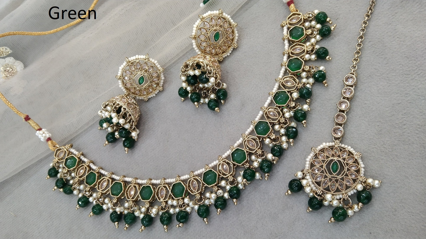 Indian Jewellery Antique Gold Green necklace Tikka Set/  Ekta