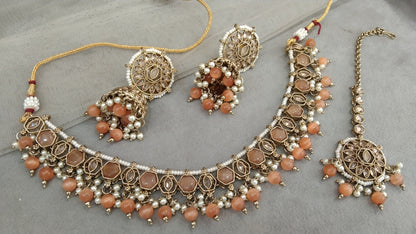 Indian Jewellery Antique Gold light orange necklace Tikka Set/ Ekta