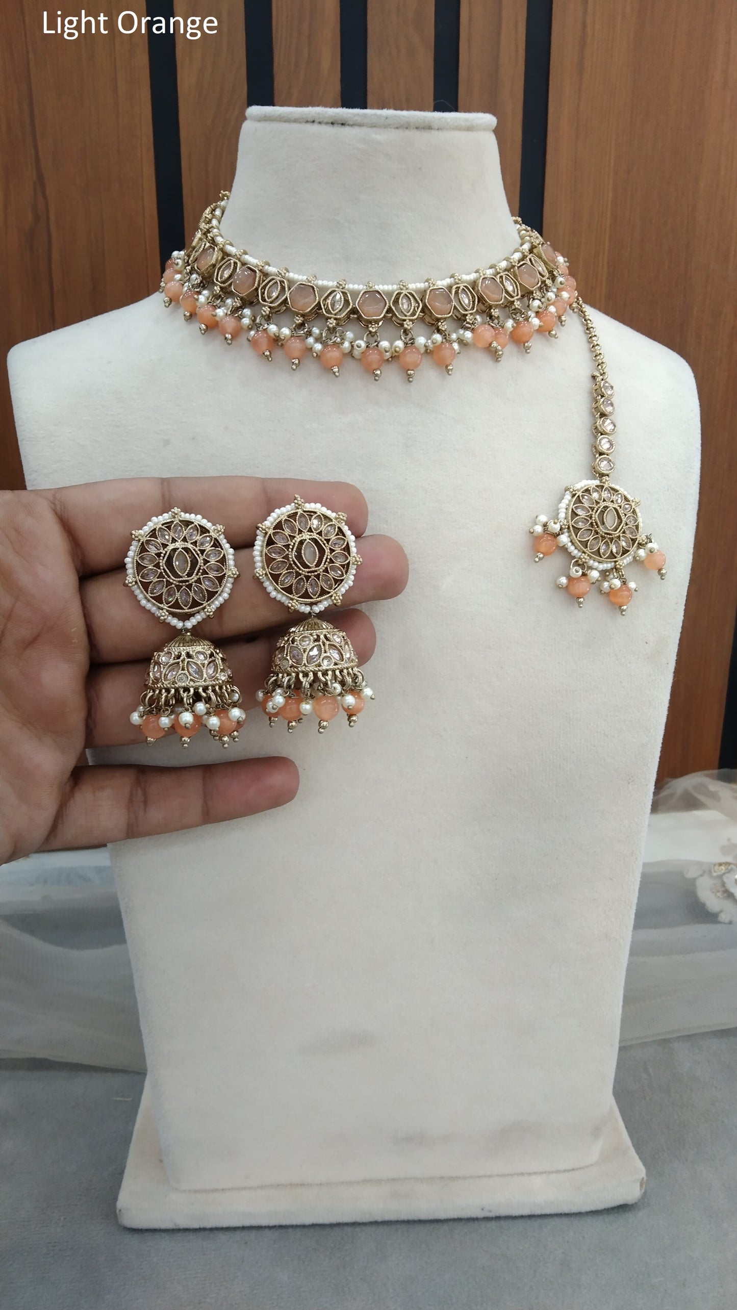 Indian Jewellery Antique Gold light orange necklace Tikka Set/ Ekta