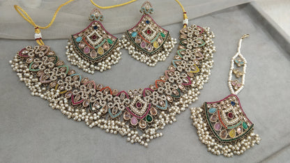 Indian Jewellery Antique Gold  Multicolor necklace Tikka Sital Set