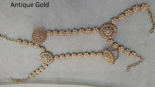 Indian  Hand Bracelets Antique Gold Bridal pair Finger ring Panja Jewellery