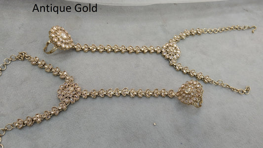 Indian  Hand Bracelets Antique Gold Bridal pair Finger ring Panja Jewellery
