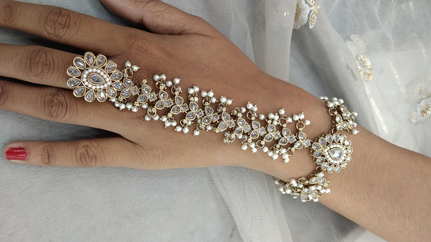 Indian  Hand Bracelets Antique Gold with white crystals Bridal pair Finger ring Panja Jewellery