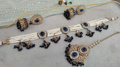 Antique Gold Navy Blue Choker Set/ Dark Gold Indian Bridal Juliet Jewellery Online