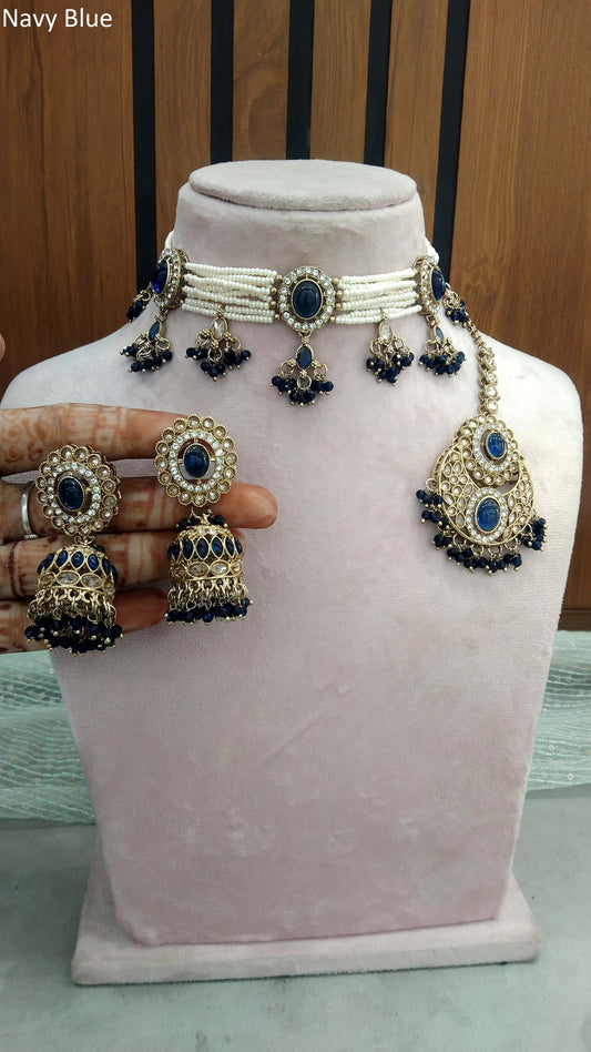 Antique Gold Navy Blue Choker Set/ Dark Gold Indian Bridal Juliet Jewellery Online