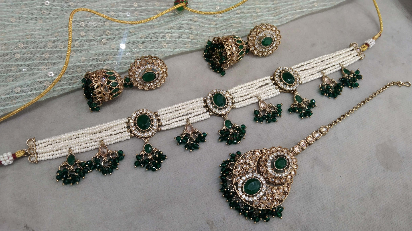 Antique Gold Green Choker Set/ Dark Gold Indian Bridal Juliet Jewellery Online