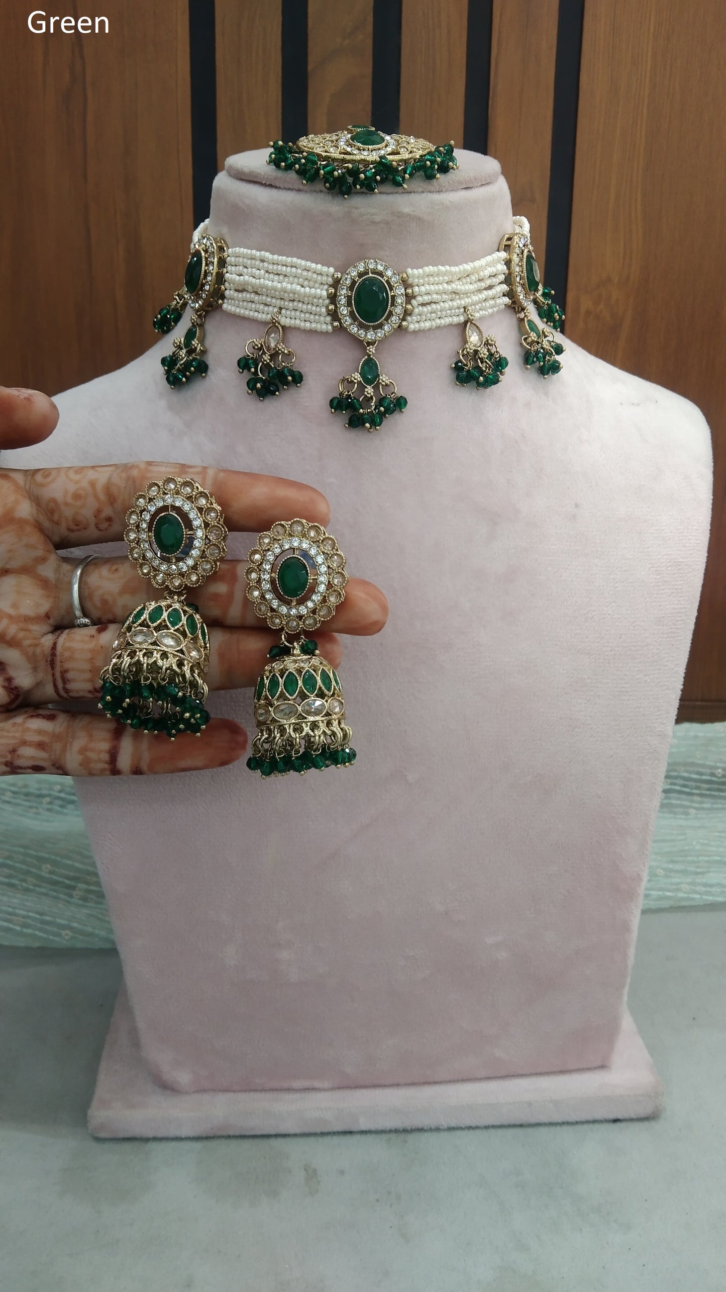 Antique Gold Green Choker Set/ Dark Gold Indian Bridal Juliet Jewellery Online