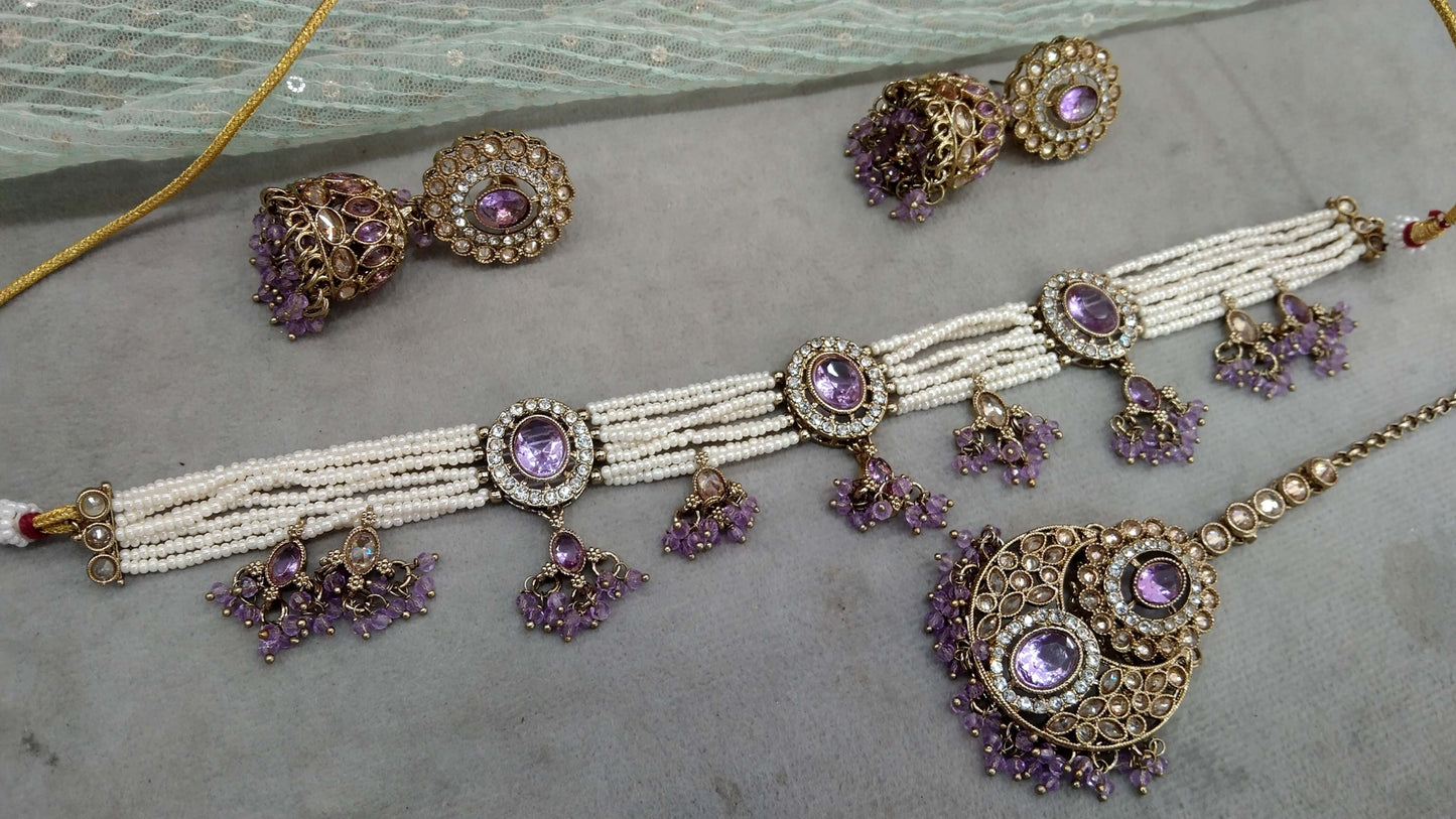 Antique Gold Lavender Choker Set/ Dark Gold Indian Bridal Juliet Jewellery Online