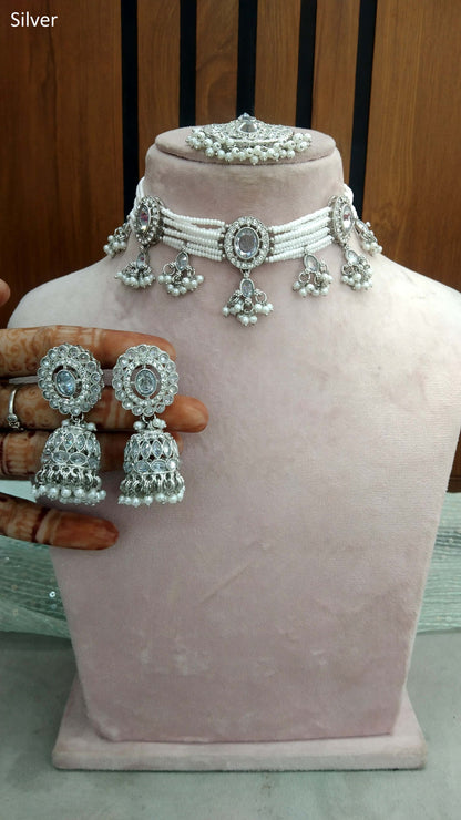 Silver Choker Set/ Dark Gold Indian Bridal Juliet Jewellery Online