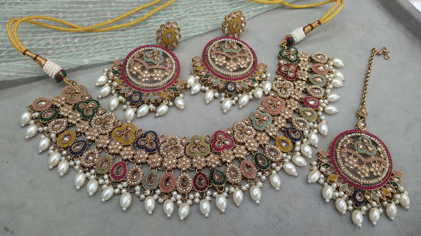 Indian Jewellery Antique Gold Multicolor necklace Tikka Sofia Set