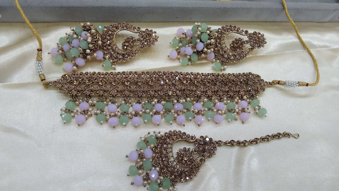 Antique Gold choker Set/ Indian Pista pink choker siraj Jewellery