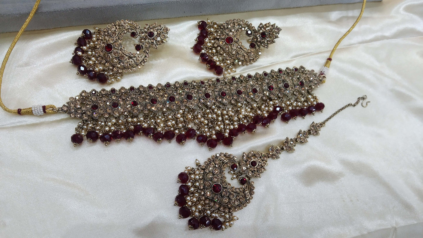 Antique Gold choker Set/ Indian Antique Gold Maroon choker siraj Jewellery