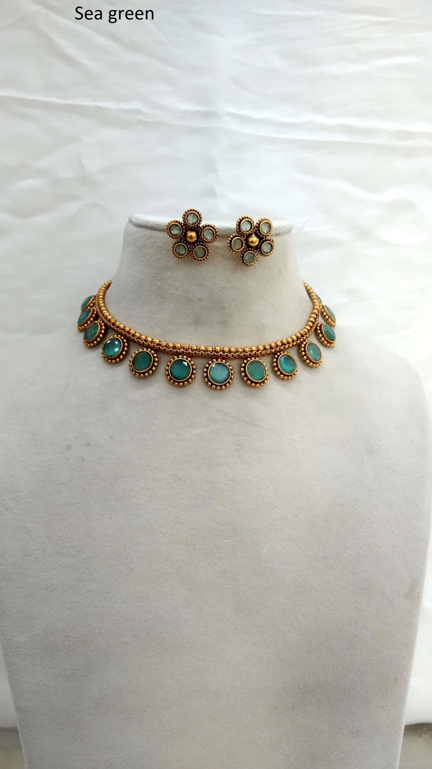 Gold polki Sea Green Necklace Jewellery set/ Gold Nacklace Nishka set