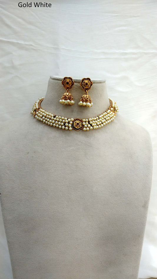 Gold polki Necklace Gold white Jewellery set/  Gold Nacklace Jasmin set