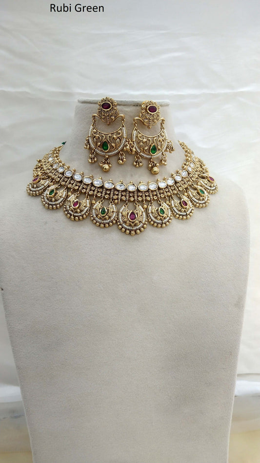 Gold polki Necklace Rubi Green Jewellery set/  Gold Nacklace Jasmin set