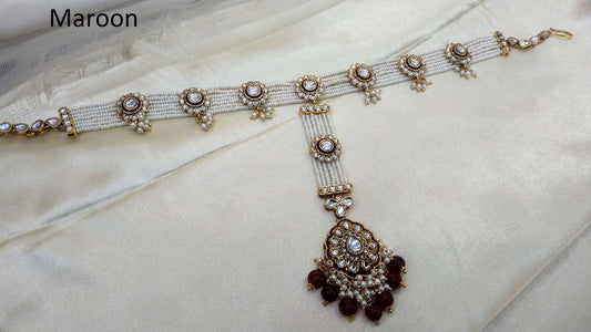 Indian Maroon Matha patti Head Piece Tikka Hair chain/ Indian Head Jewellery/
