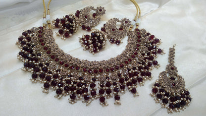 Antique Gold Necklace Set/ Maroon Indian Bridal Miller Jewellery