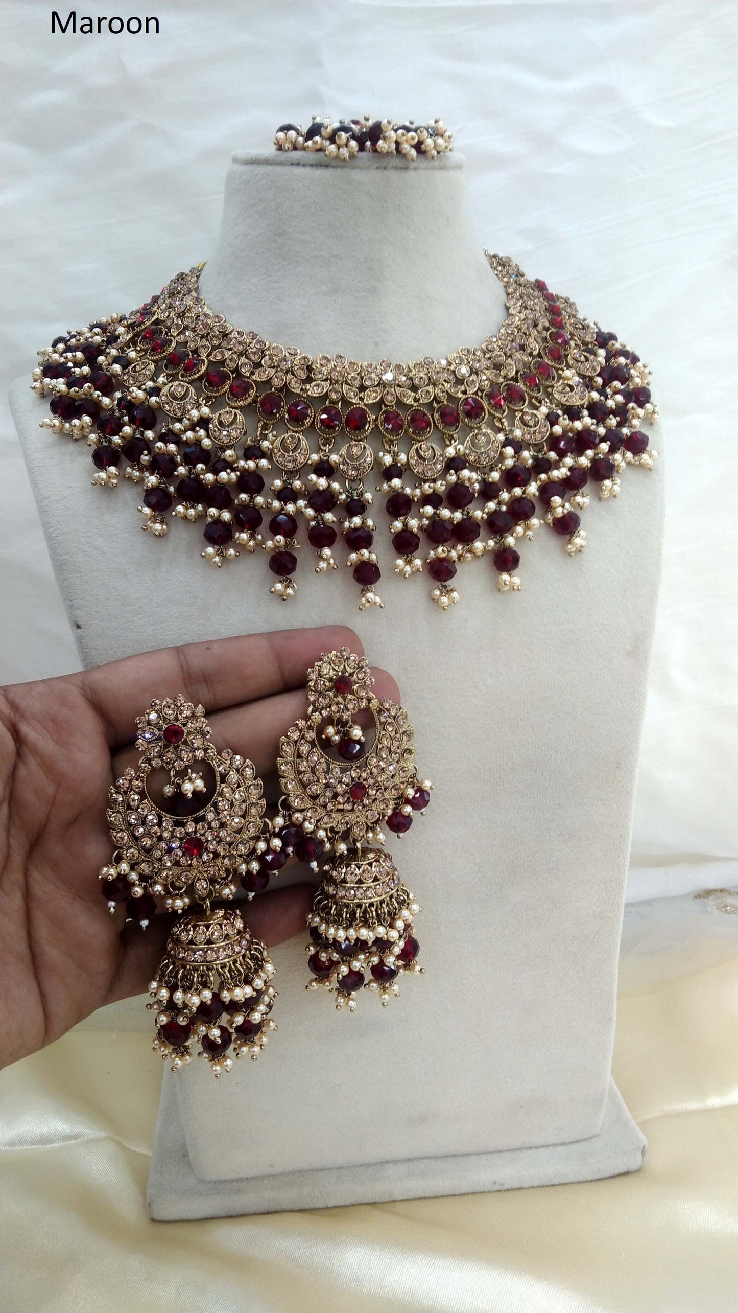 Antique Gold Necklace Set/ Maroon Indian Bridal Miller Jewellery