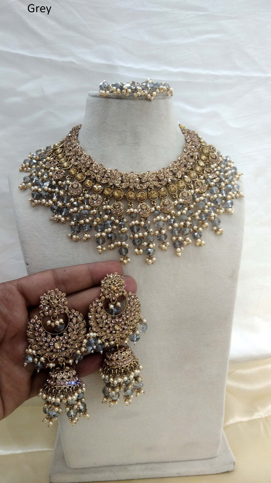 Antique Gold Necklace Set/ Grey  Indian Bridal Miller Jewellery