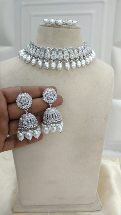 Indian Jewellery Silver necklace Tikka Rupi set