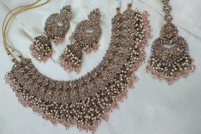 Antique Gold Necklace Set/ Peach Indian Bridal shallu Jewellery