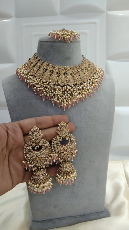 Antique Gold Necklace Set/ Peach Indian Bridal shallu Jewellery