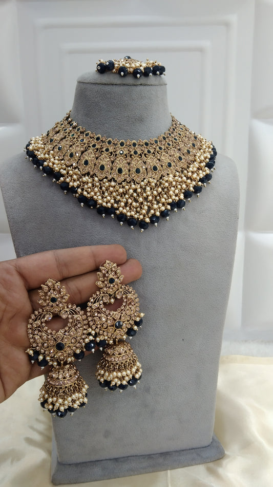 Antique Gold Necklace Set/ Navy Blue Indian Bridal shallu Jewellery