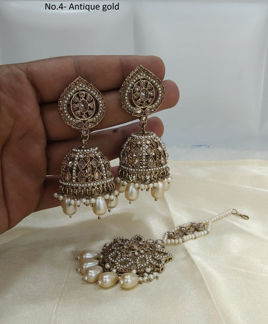 Indian Antique gold jhumka  Earrings with tikka