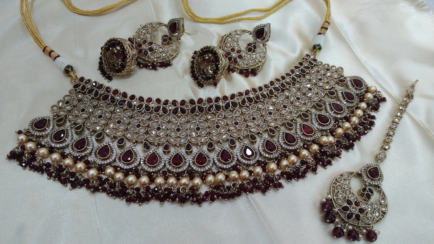 Antique Gold Choker Set/ Maroon Indian Bridal Alisha Jewellery