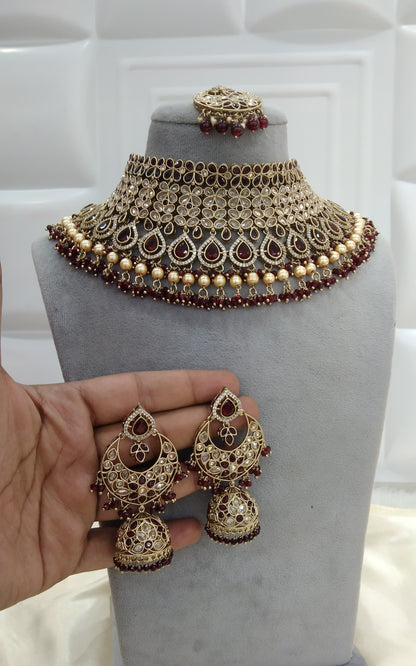 Antique Gold Choker Set/ Maroon Indian Bridal Alisha Jewellery