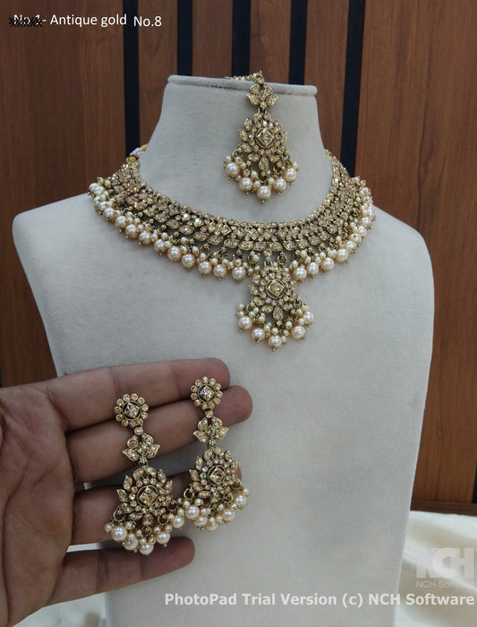 Antique gold necklace Indian vendi jewellery set