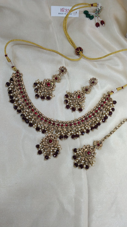 Maroon necklace Indian vendi jewellery set